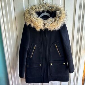 J. Crew Black Coat with Faux Fur Trim Size 2